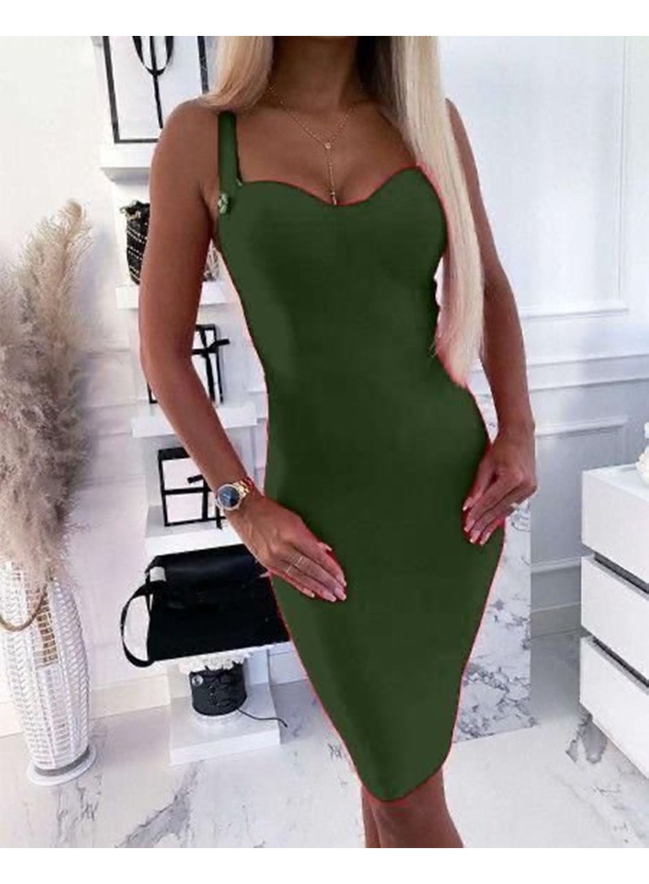 Kadın Dalgıç Kumaş Düğmeli Fermuarlı Askılı Elbise