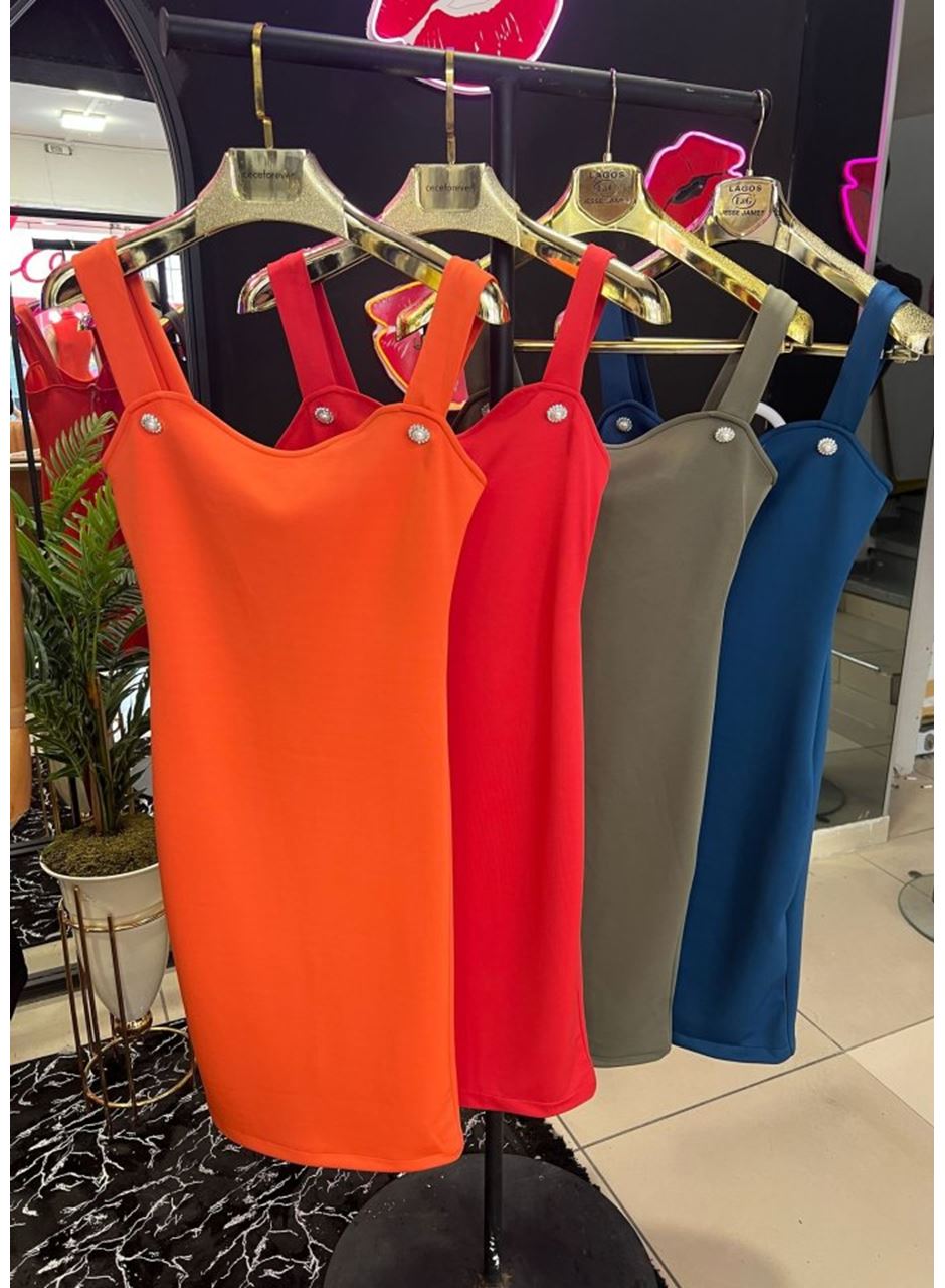 Kadın Dalgıç Kumaş Düğmeli Fermuarlı Askılı Elbise