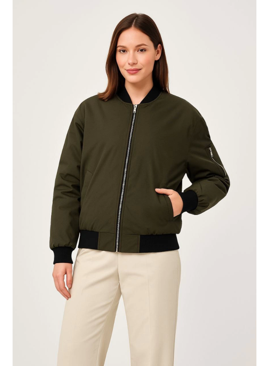 Içi Astarlı Fermuarlı Bomber Mont Ceket - Haki