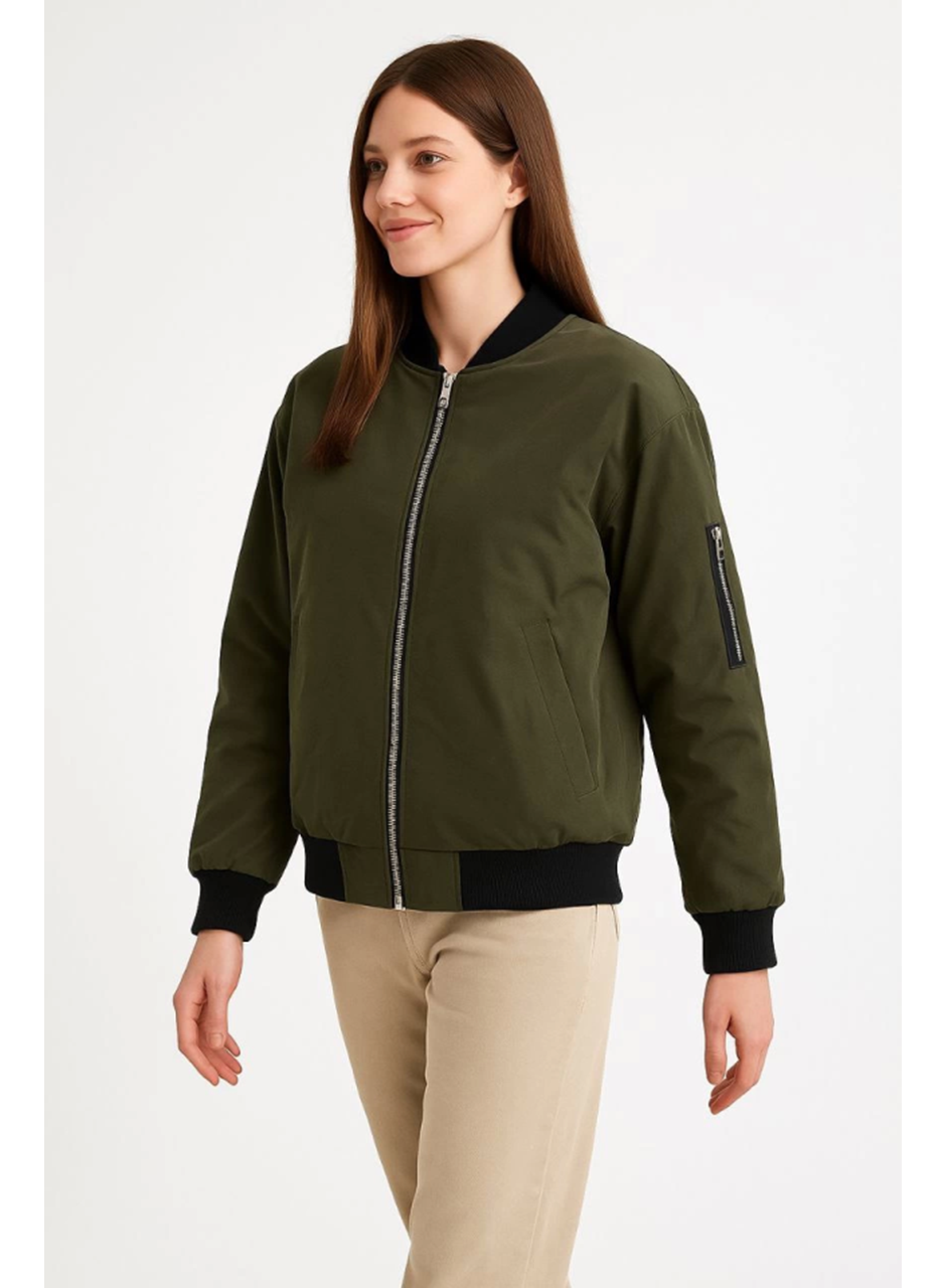 Içi Astarlı Fermuarlı Bomber Mont Ceket - Haki