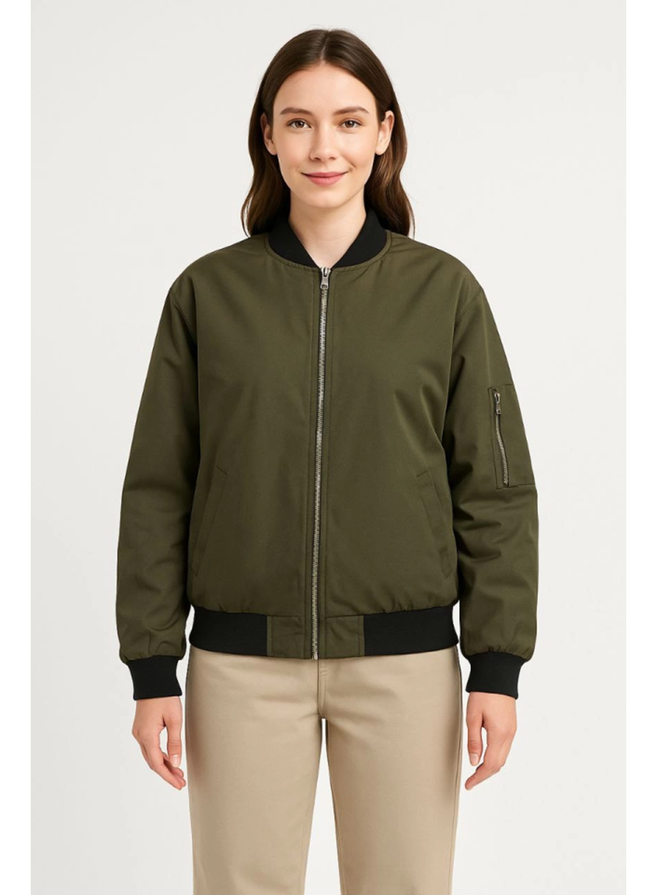 Içi Astarlı Fermuarlı Bomber Mont Ceket - Haki