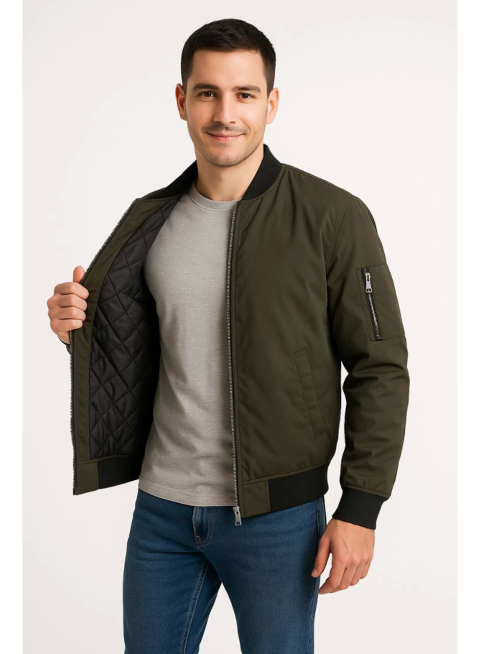 Erkek Içi Astarlı Fermuarlı Bomber Mont Ceket - Haki