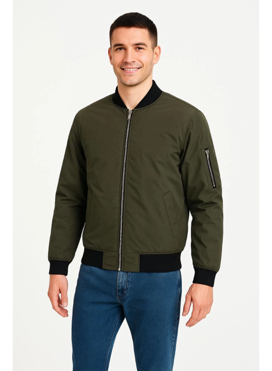 Erkek Içi Astarlı Fermuarlı Bomber Mont Ceket - Haki