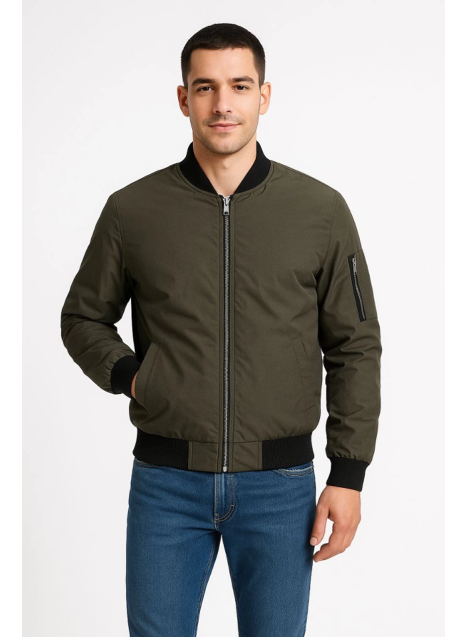 Erkek Içi Astarlı Fermuarlı Bomber Mont Ceket - Haki