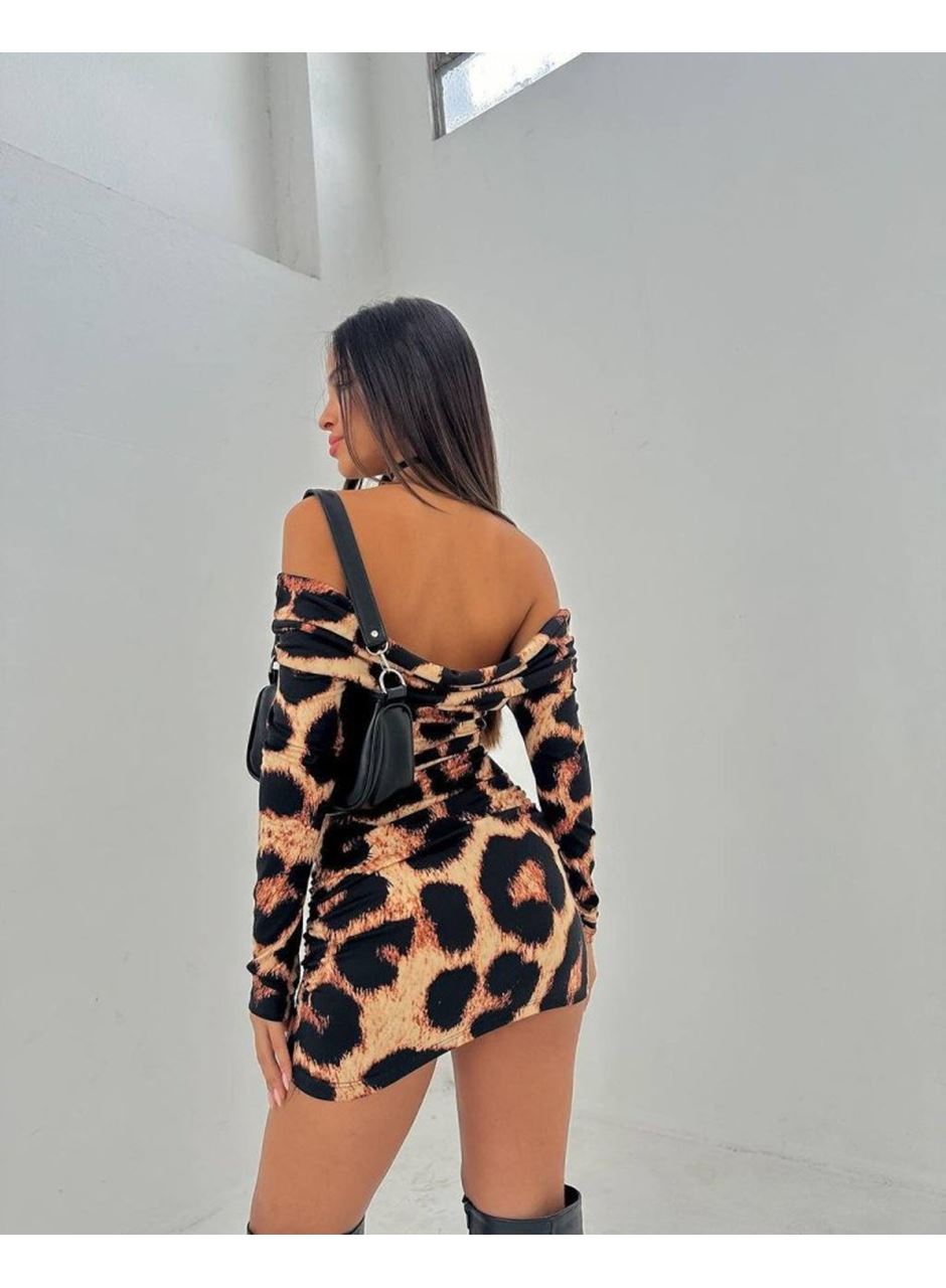 Kadın Madonna Mendil Yaka Leopar Desen Mini Elbise