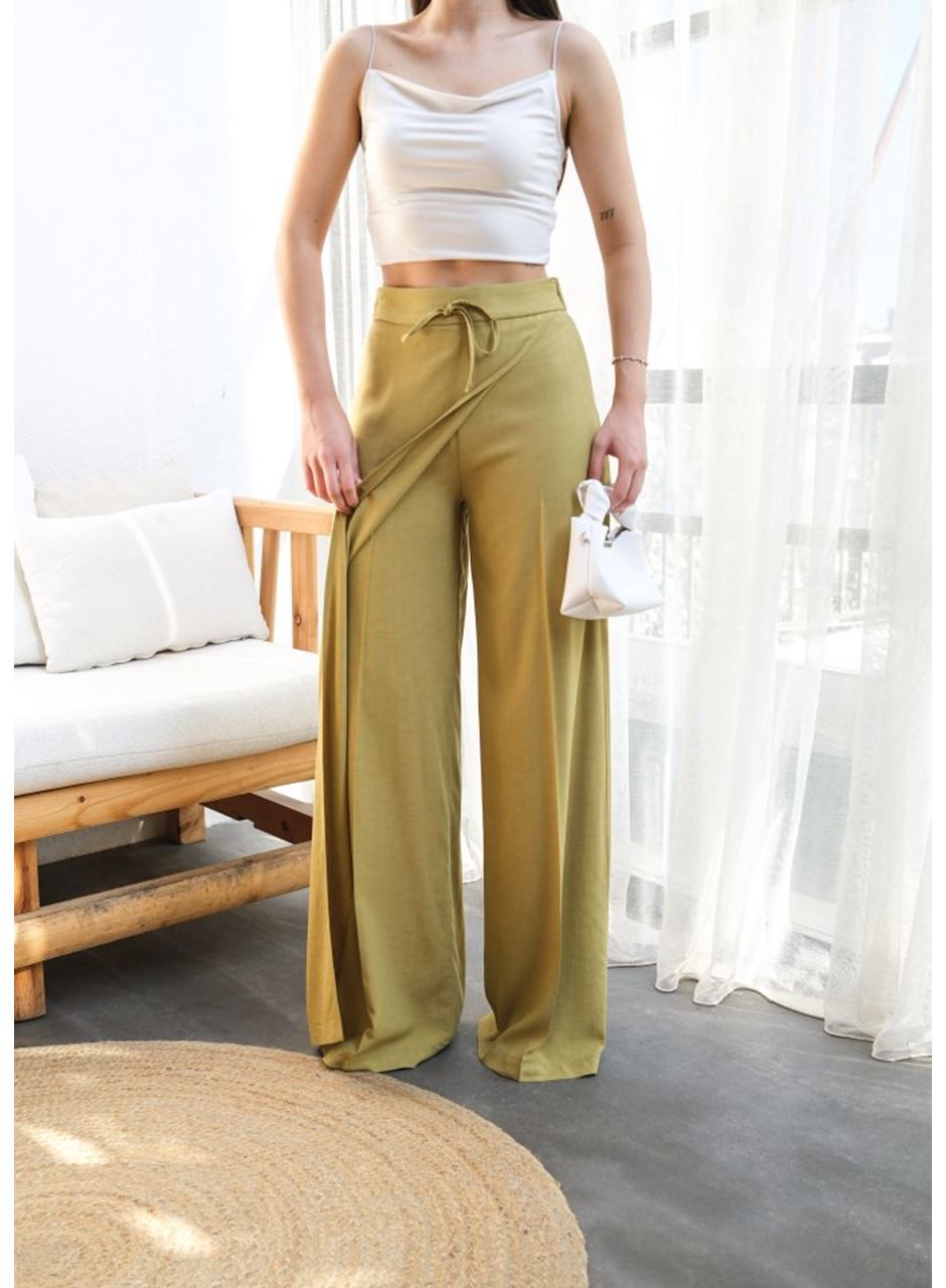 Keten Önü Çapraz Parçali Lasti̇kli̇ Ve Bağcikli Geni̇ş Paça Pantolon