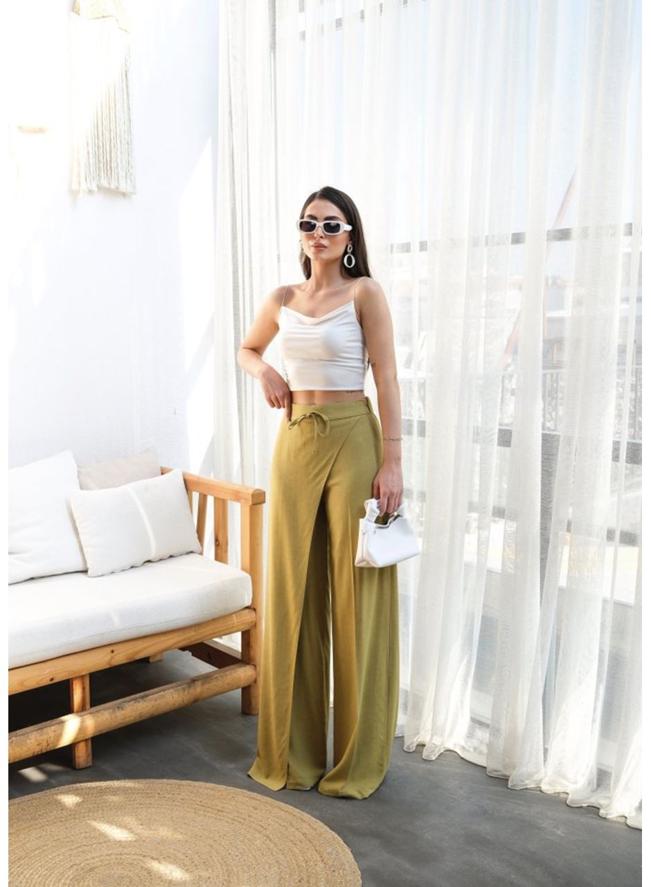 Keten Önü Çapraz Parçali Lasti̇kli̇ Ve Bağcikli Geni̇ş Paça Pantolon