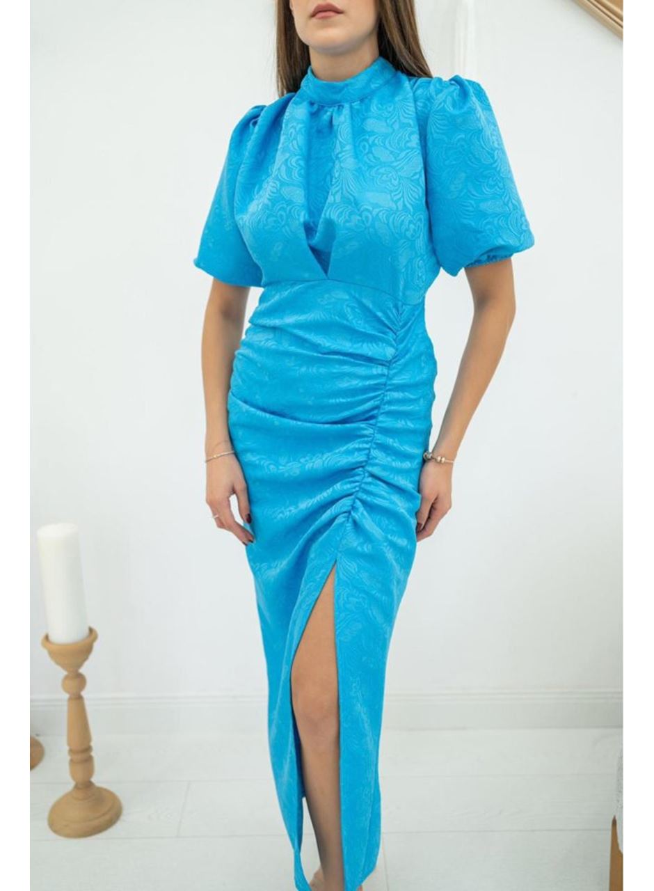 Mavi Jakarlı Ve Desenli Elbise