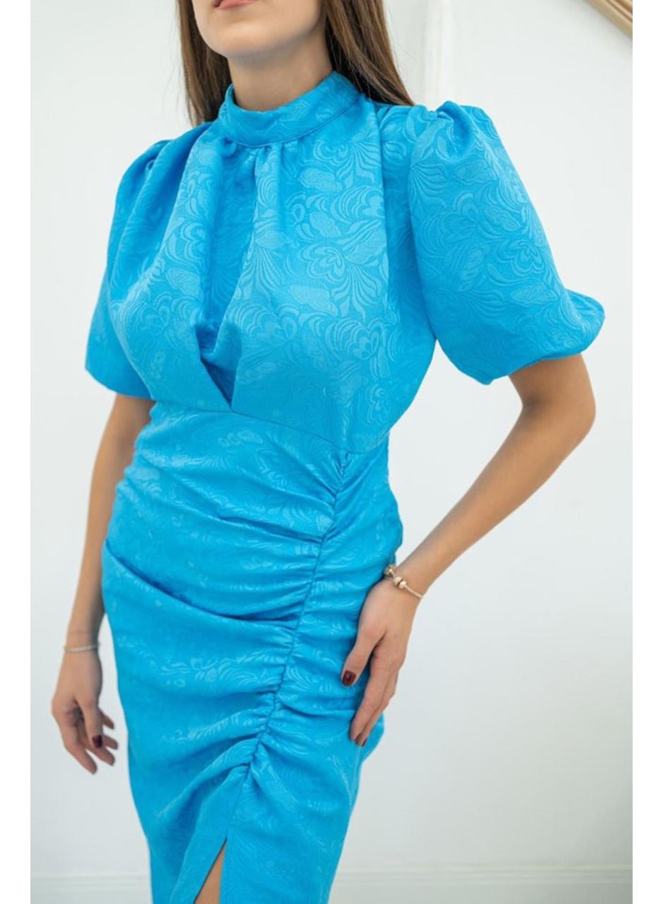 Mavi Jakarlı Ve Desenli Elbise