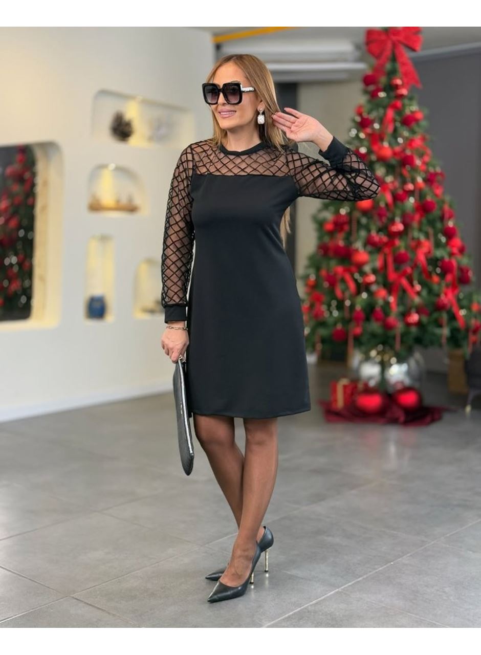 Kadın Krep Kumaş Flok Detaylı Elbise