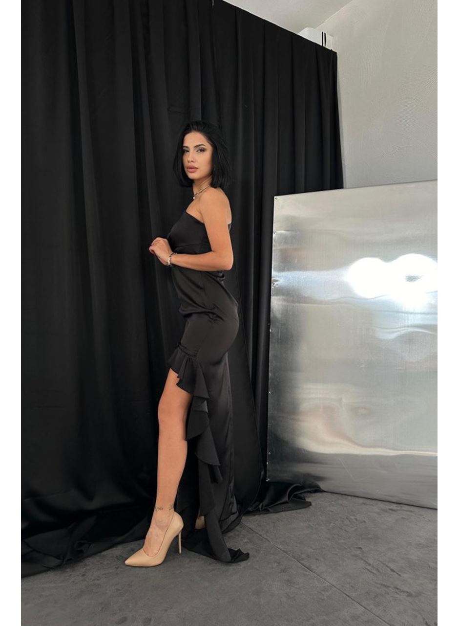 Siyah Volanlı Saten Abiye