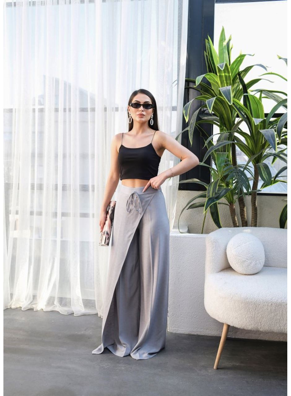 Keten Önü Çapraz Parçali Lasti̇kli̇ Ve Bağcikli Geni̇ş Paça Pantolon