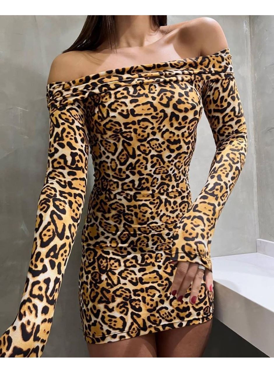 Kadın Madonna Mendil Yaka Leopar Desen Mini Elbise