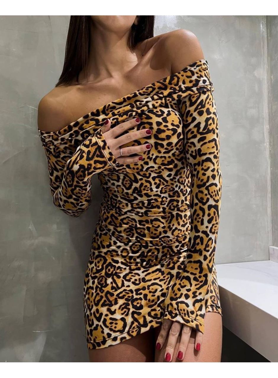 Kadın Madonna Mendil Yaka Leopar Desen Mini Elbise