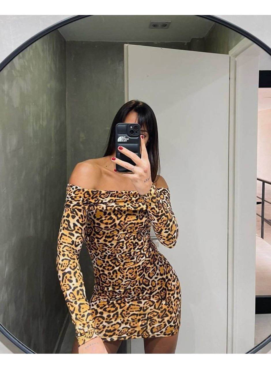 Kadın Madonna Mendil Yaka Leopar Desen Mini Elbise