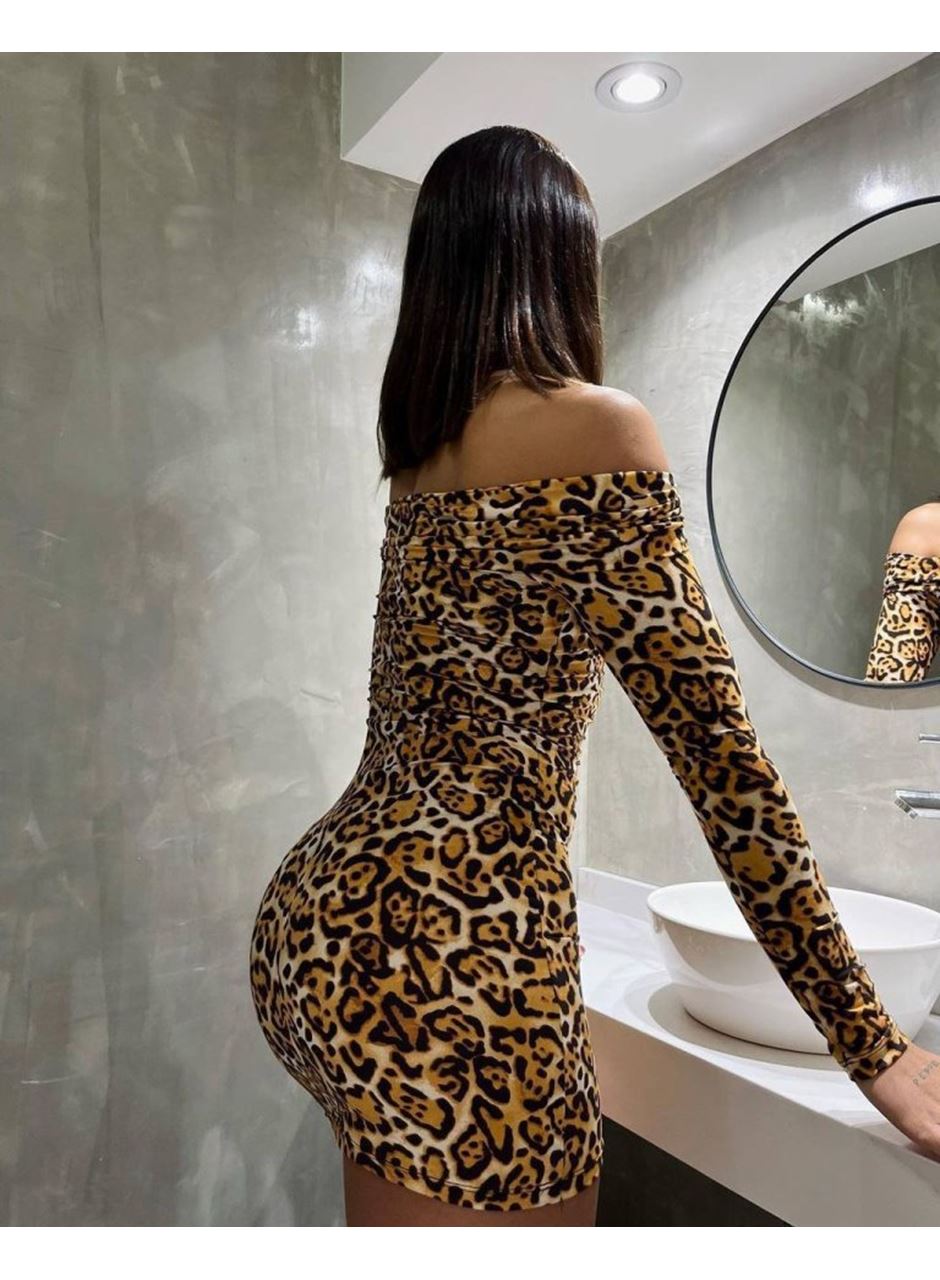 Kadın Madonna Mendil Yaka Leopar Desen Mini Elbise