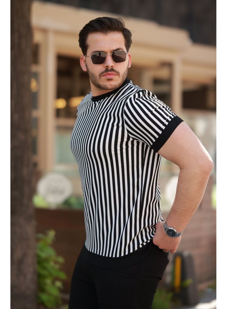 Erkek Siyah Beyaz örme Pamuklu Kumaş Kısa Kollu T-shirt