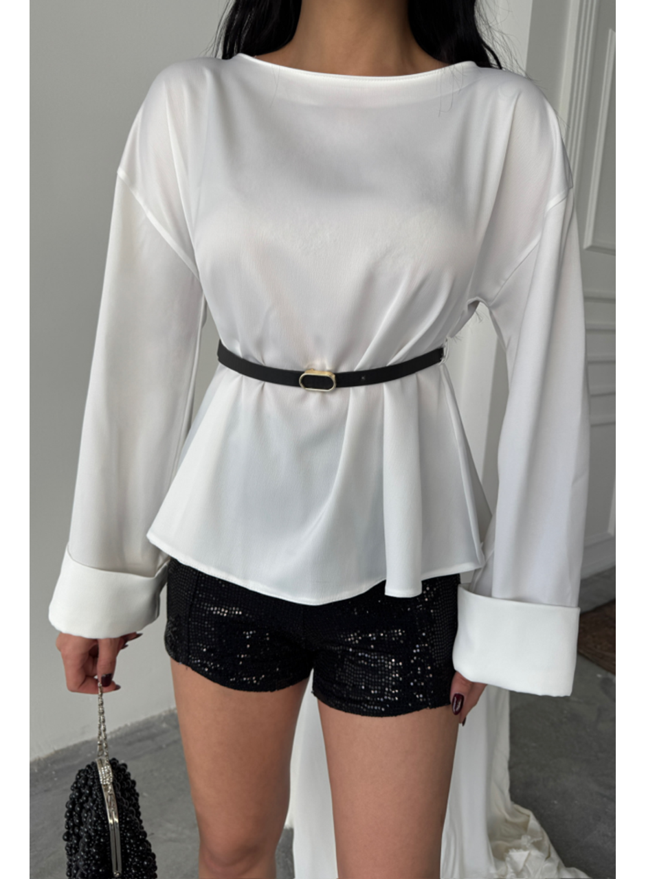 KEMER DETAYLI SATEN BLUZ - Beyaz