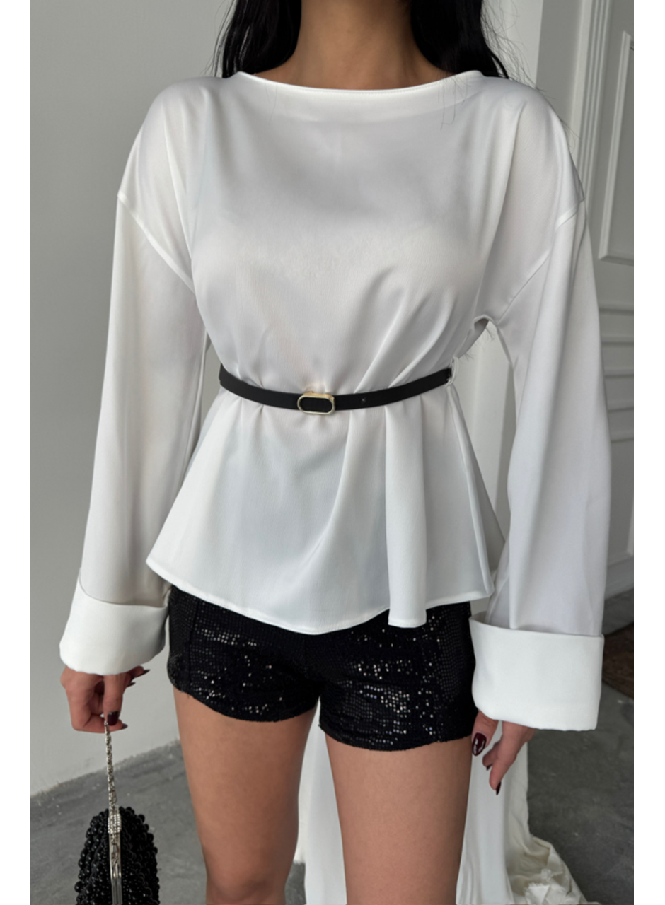 KEMER DETAYLI SATEN BLUZ - Beyaz