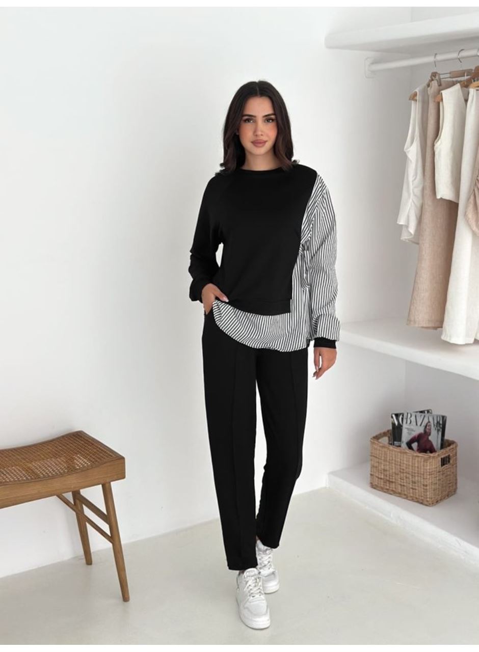 Kadın Gömlek Detay çizgili Yandan Bağlamalı Ikili Takım