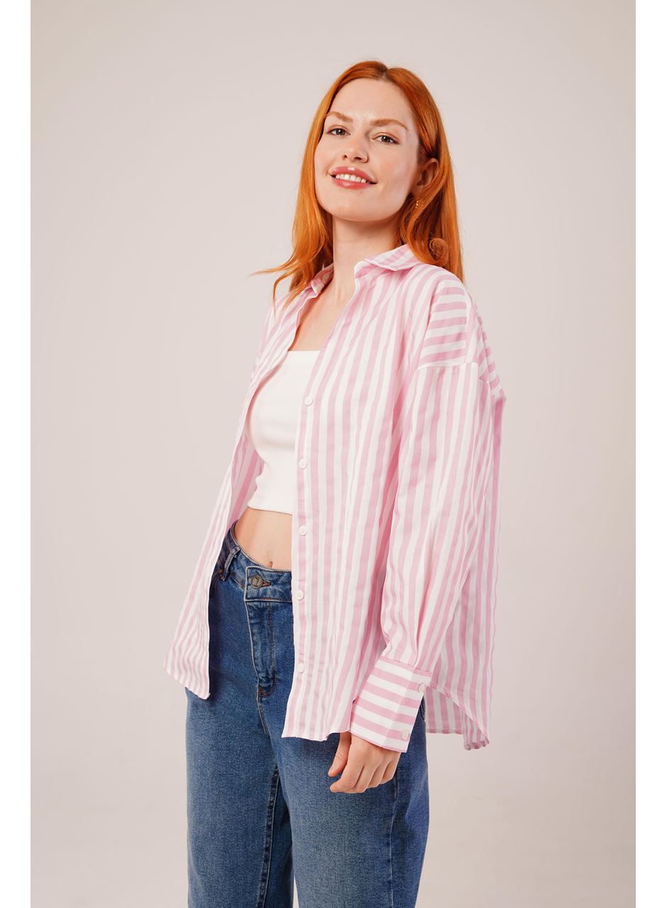 Çizgili Rahat Kesim Pembe Gömlek