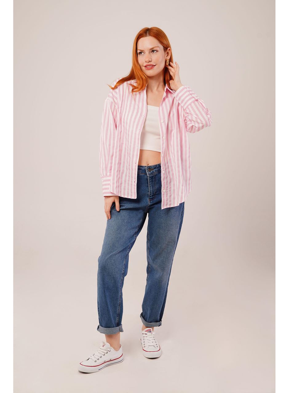 Çizgili Rahat Kesim Pembe Gömlek