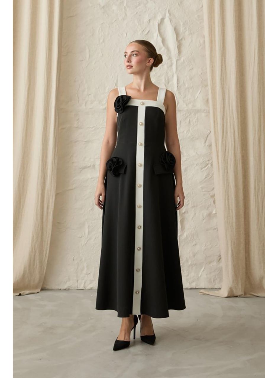 Siyah Güllü Askılı Elbise