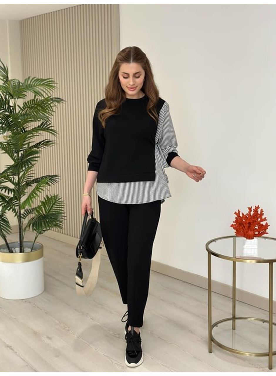 Kadın Gömlek Detay çizgili Yandan Bağlamalı Ikili Takım