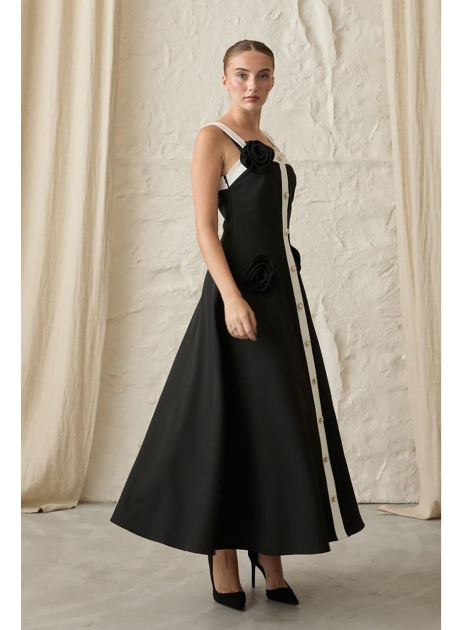 Siyah Güllü Askılı Elbise