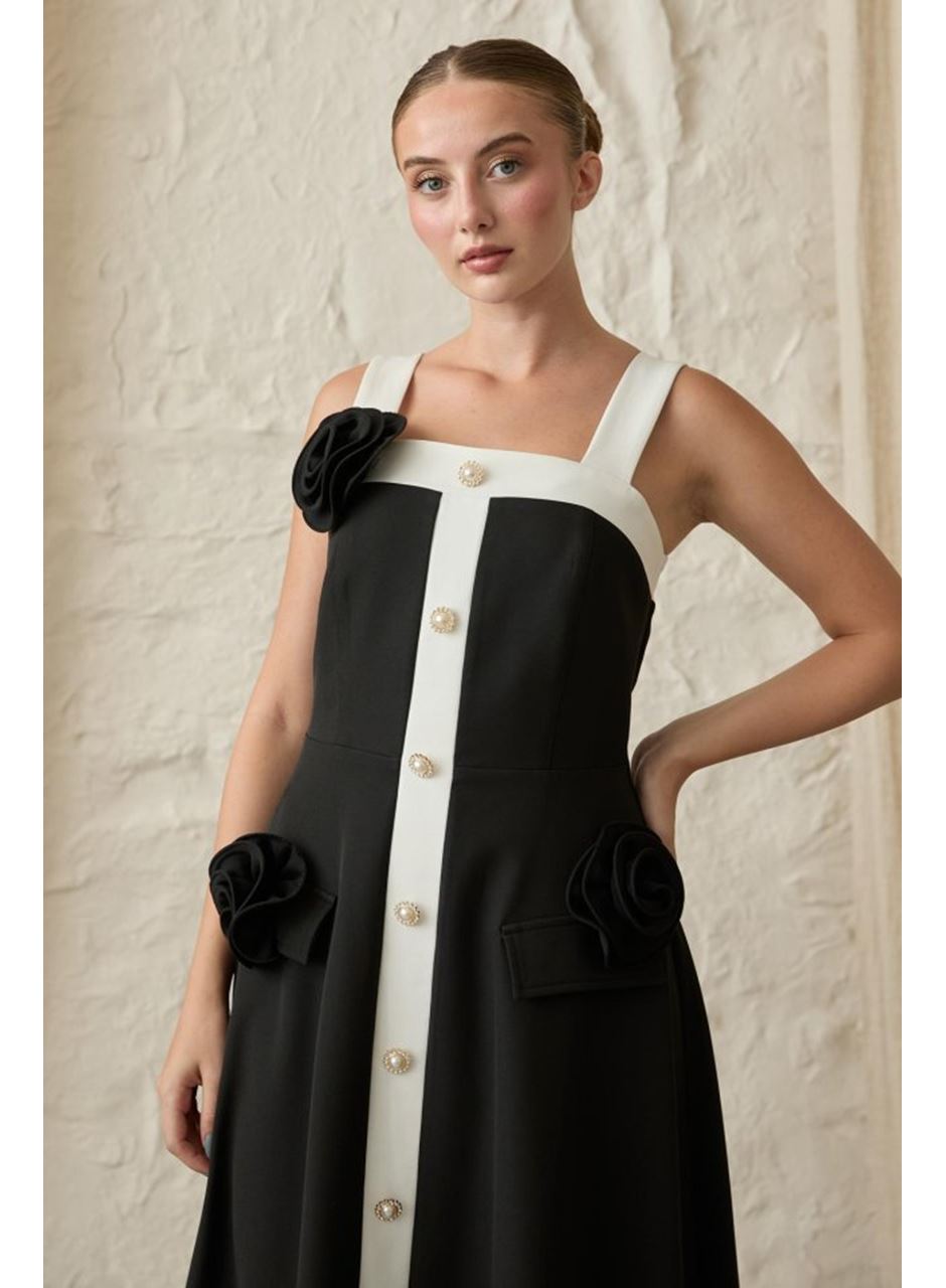 Siyah Güllü Askılı Elbise