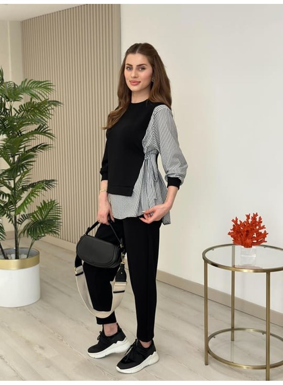 Kadın Gömlek Detay çizgili Yandan Bağlamalı Ikili Takım