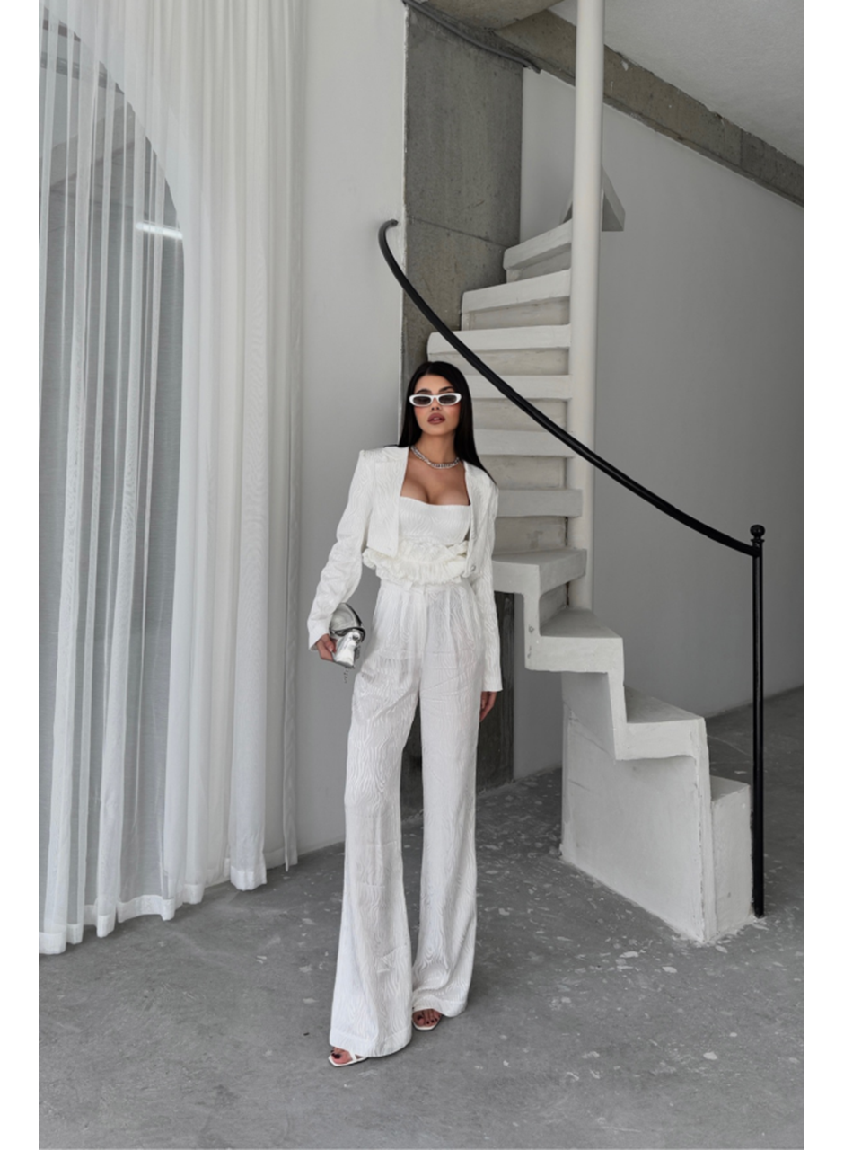 JAKARLI BLUZU TASARIM DETAYLI CEKET-PANTOLON-BLUZ 3 LÜ TAKIM - Beyaz