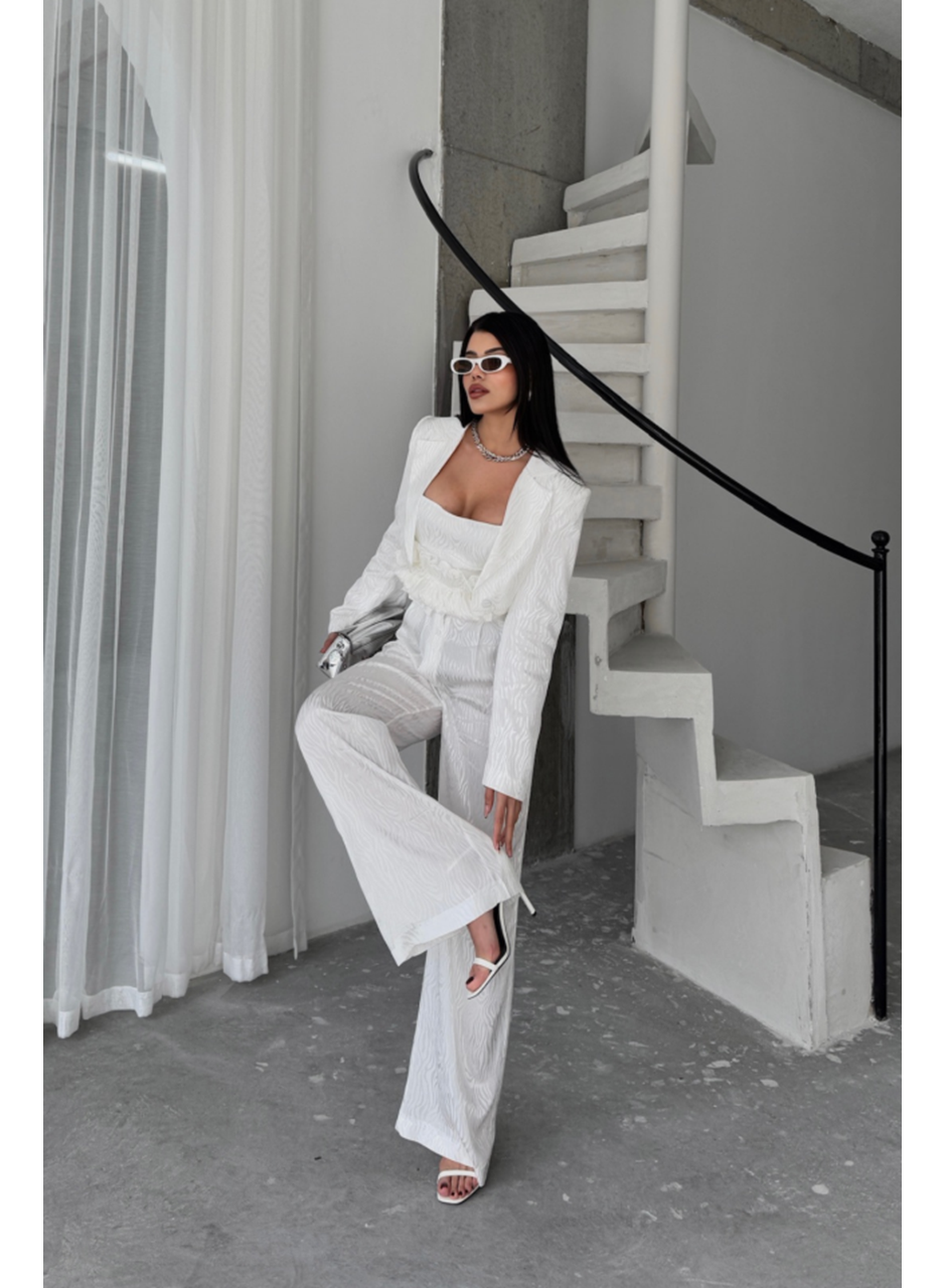 JAKARLI BLUZU TASARIM DETAYLI CEKET-PANTOLON-BLUZ 3 LÜ TAKIM - Beyaz