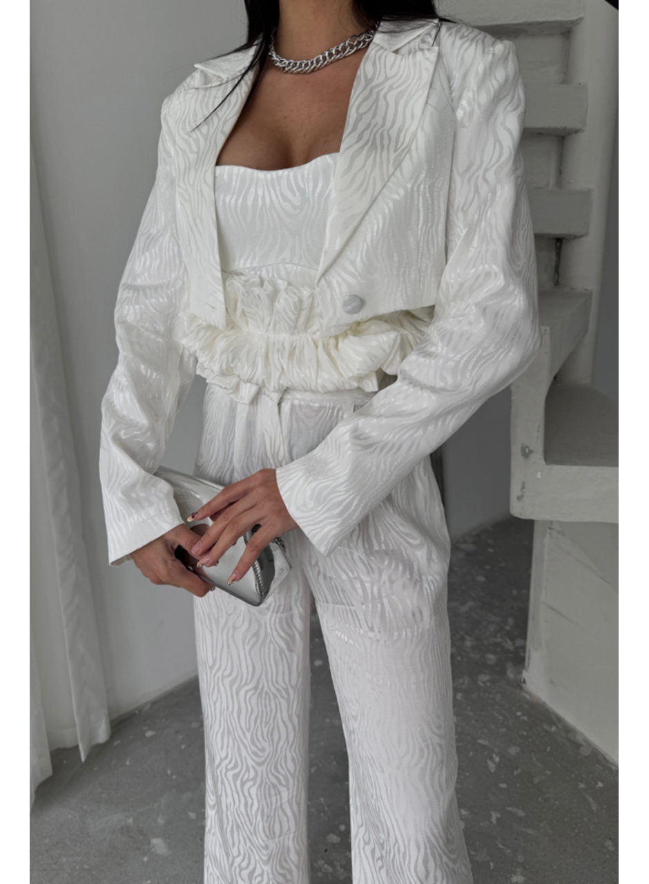 JAKARLI BLUZU TASARIM DETAYLI CEKET-PANTOLON-BLUZ 3 LÜ TAKIM - Beyaz