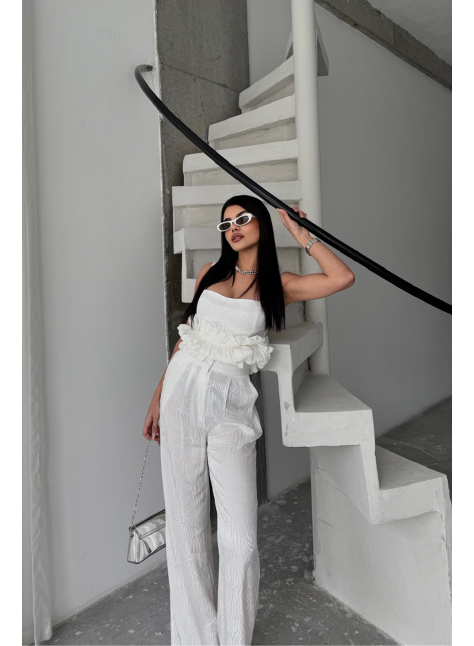 JAKARLI BLUZU TASARIM DETAYLI CEKET-PANTOLON-BLUZ 3 LÜ TAKIM - Beyaz