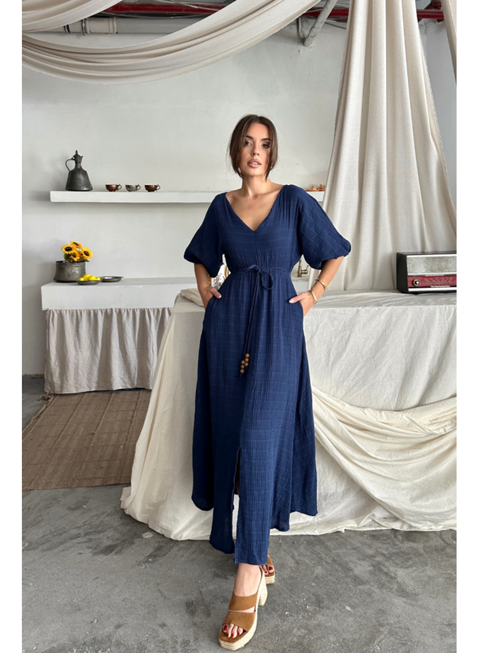 V YAKA BEL BONCUK BAĞLAMALI MÜSLİN ELBİSE YIRTMAÇ DETAYLI - Lacivert
