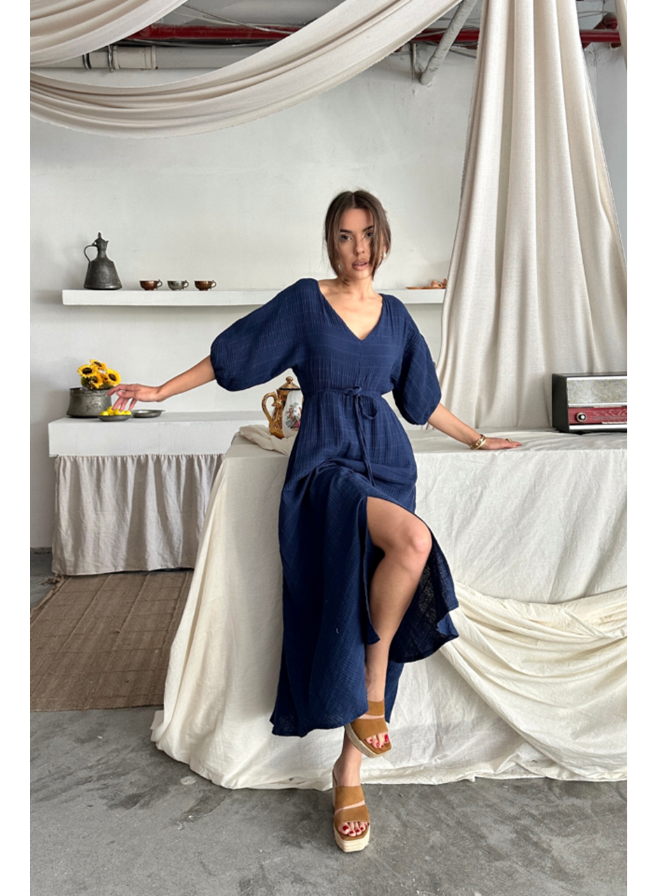 V YAKA BEL BONCUK BAĞLAMALI MÜSLİN ELBİSE YIRTMAÇ DETAYLI - Lacivert