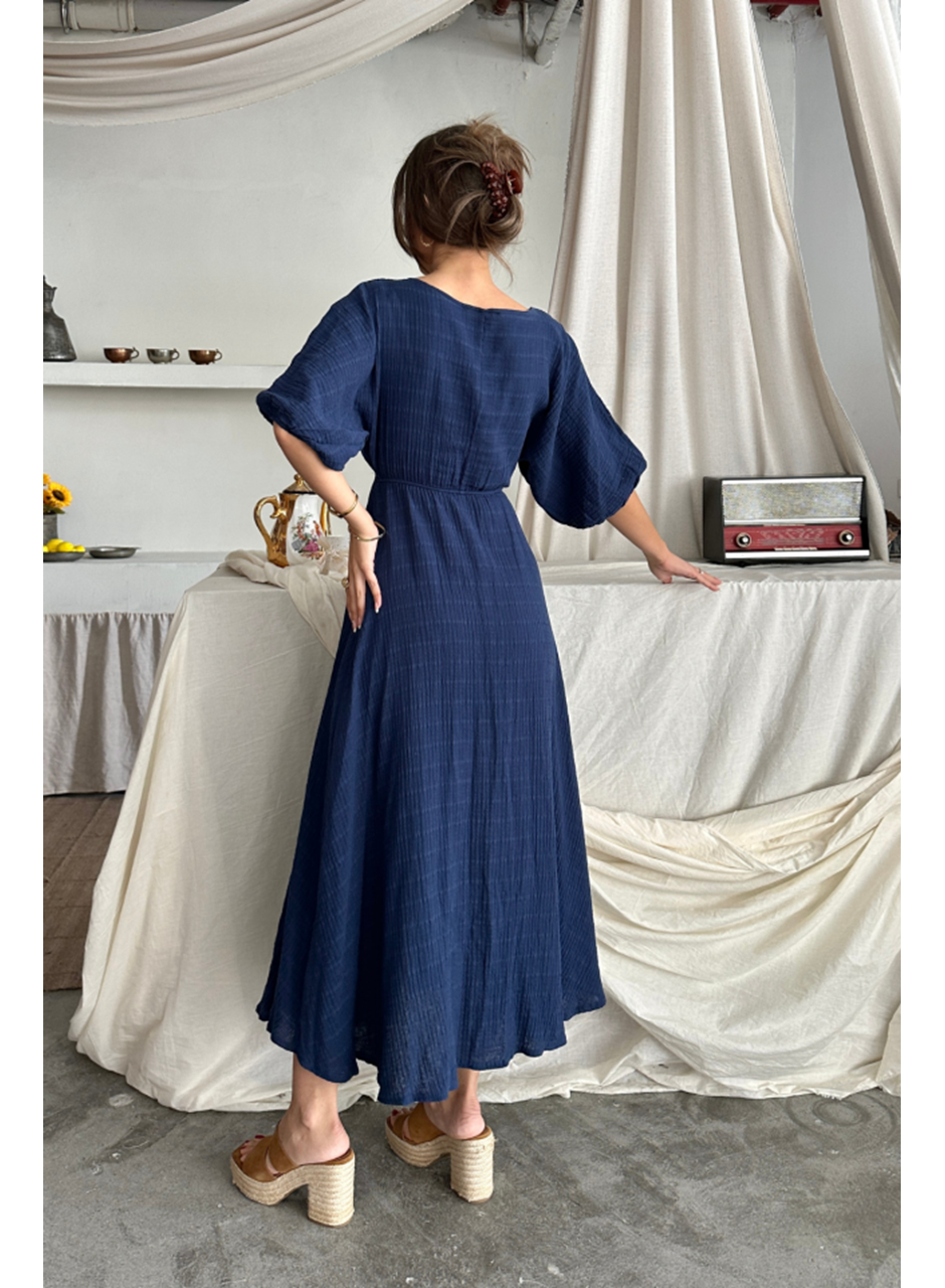 V YAKA BEL BONCUK BAĞLAMALI MÜSLİN ELBİSE YIRTMAÇ DETAYLI - Lacivert