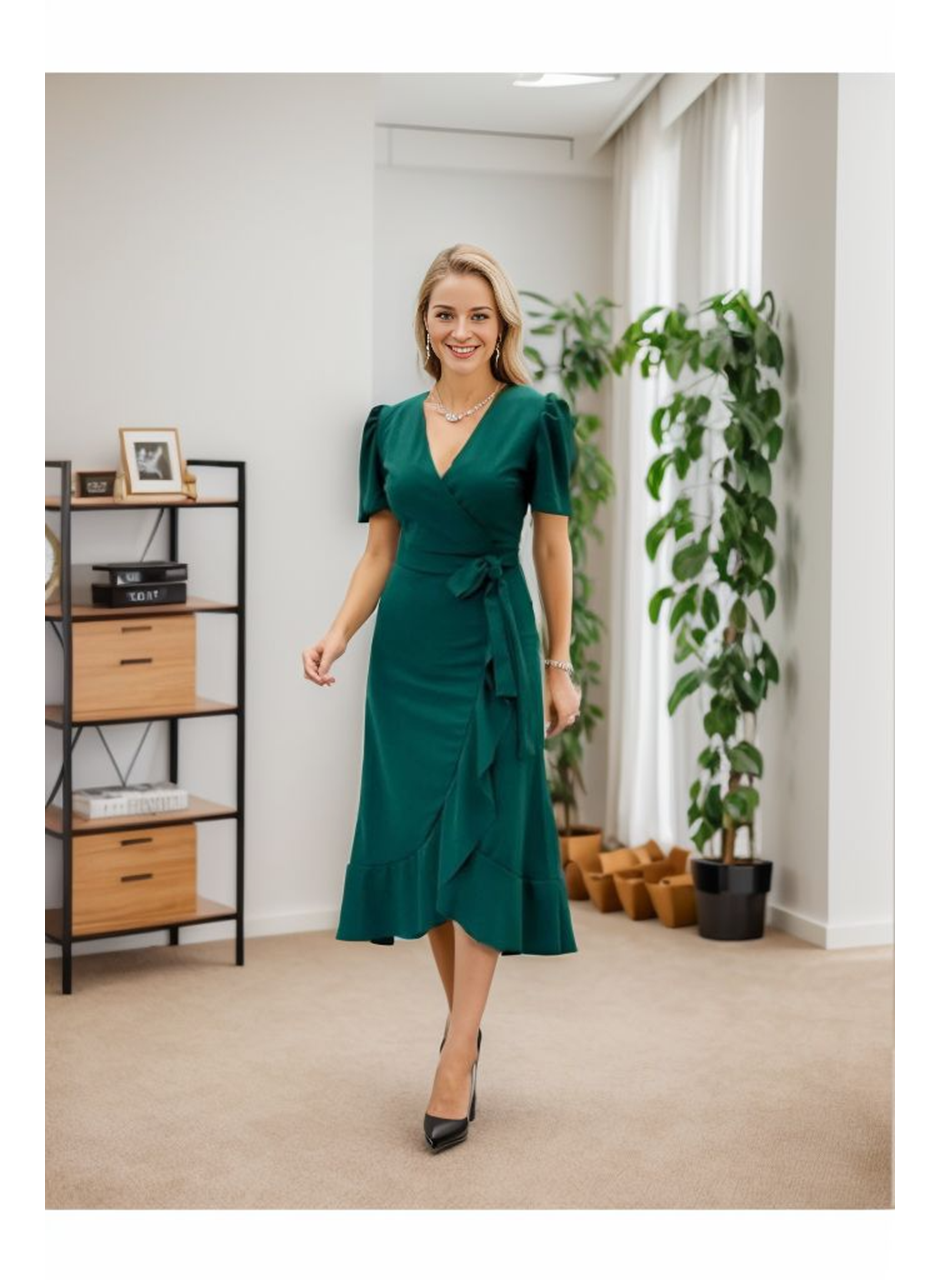 Kadın Kruvaze Yaka Midi Boy Kuşaklı Krep Elbise 120 Cm