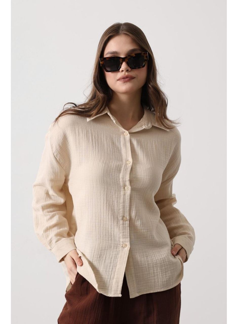 Müslin Uzun Kol Gömlek - Bej