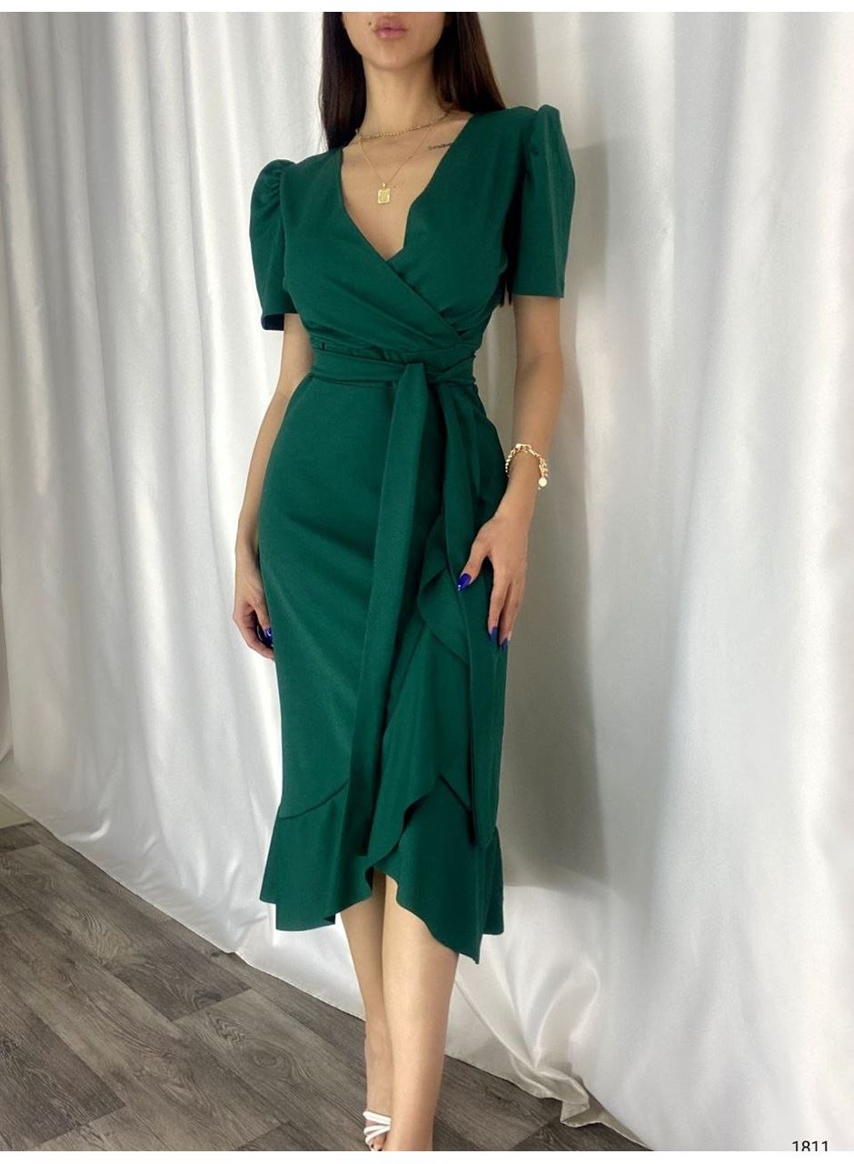 Kadın Kruvaze Yaka Midi Boy Kuşaklı Krep Elbise 120 Cm