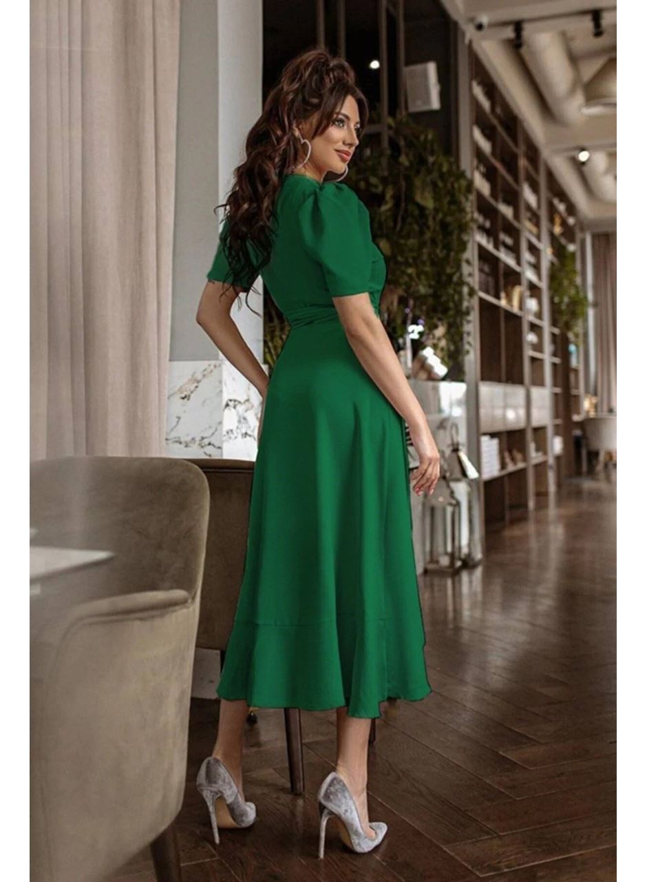Kadın Kruvaze Yaka Midi Boy Kuşaklı Krep Elbise 120 Cm