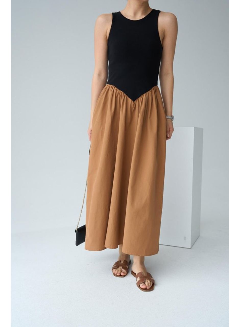 İki Renkli Elbise - Siyah-Taba