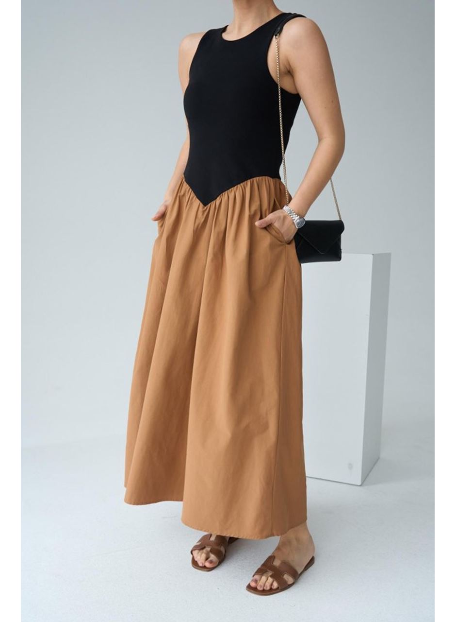 İki Renkli Elbise - Siyah-Taba