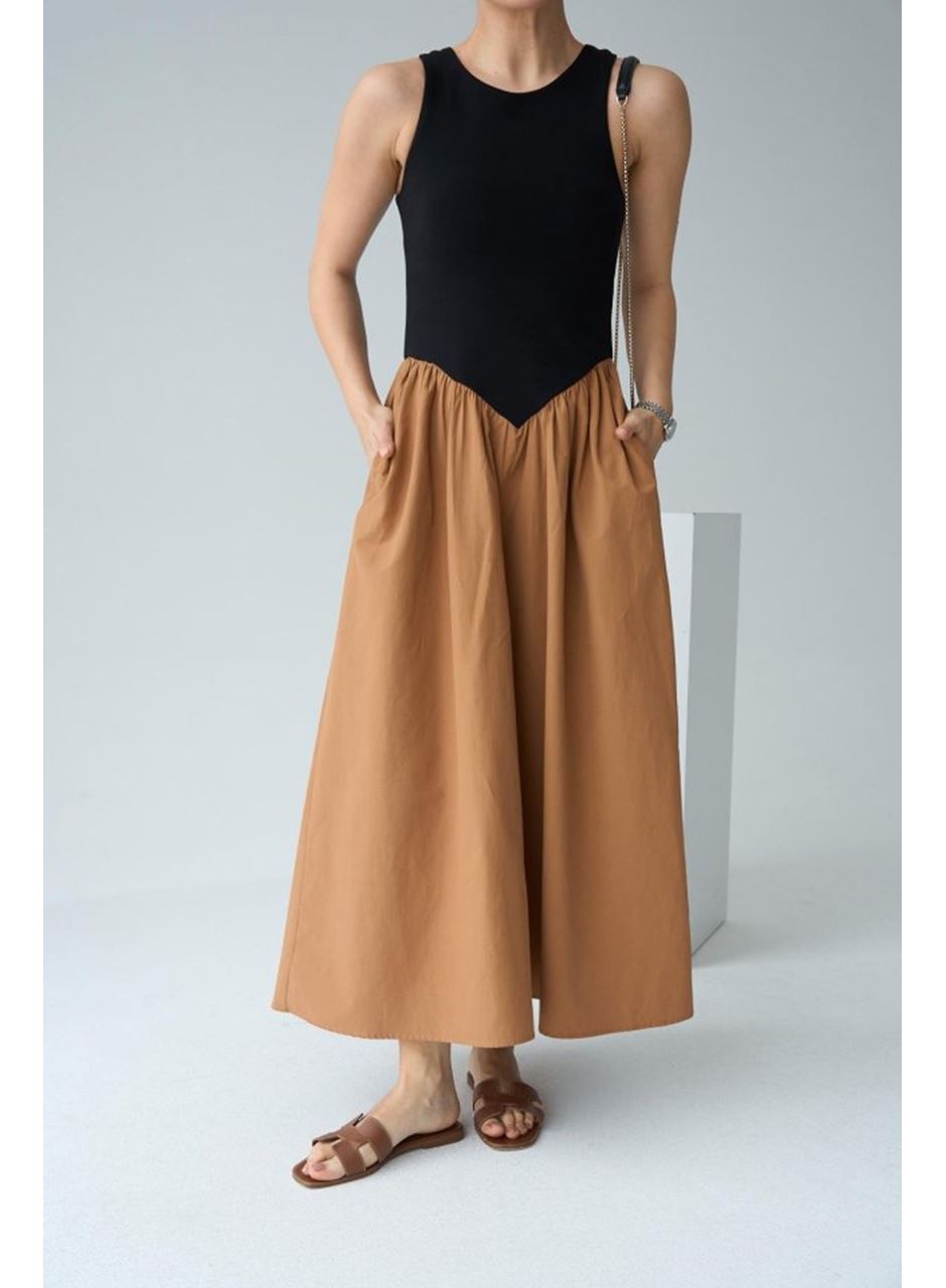 İki Renkli Elbise - Siyah-Taba