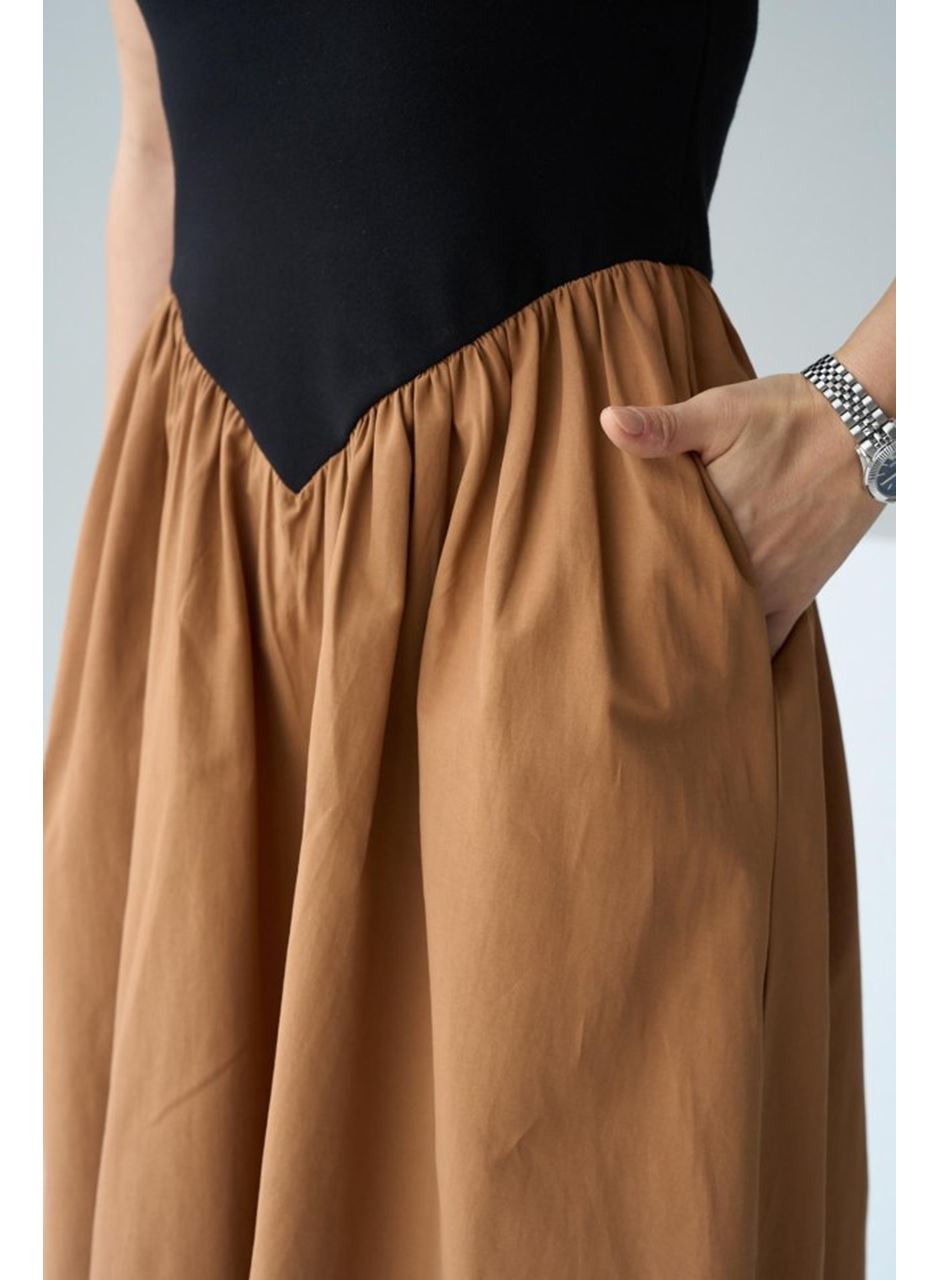 İki Renkli Elbise - Siyah-Taba