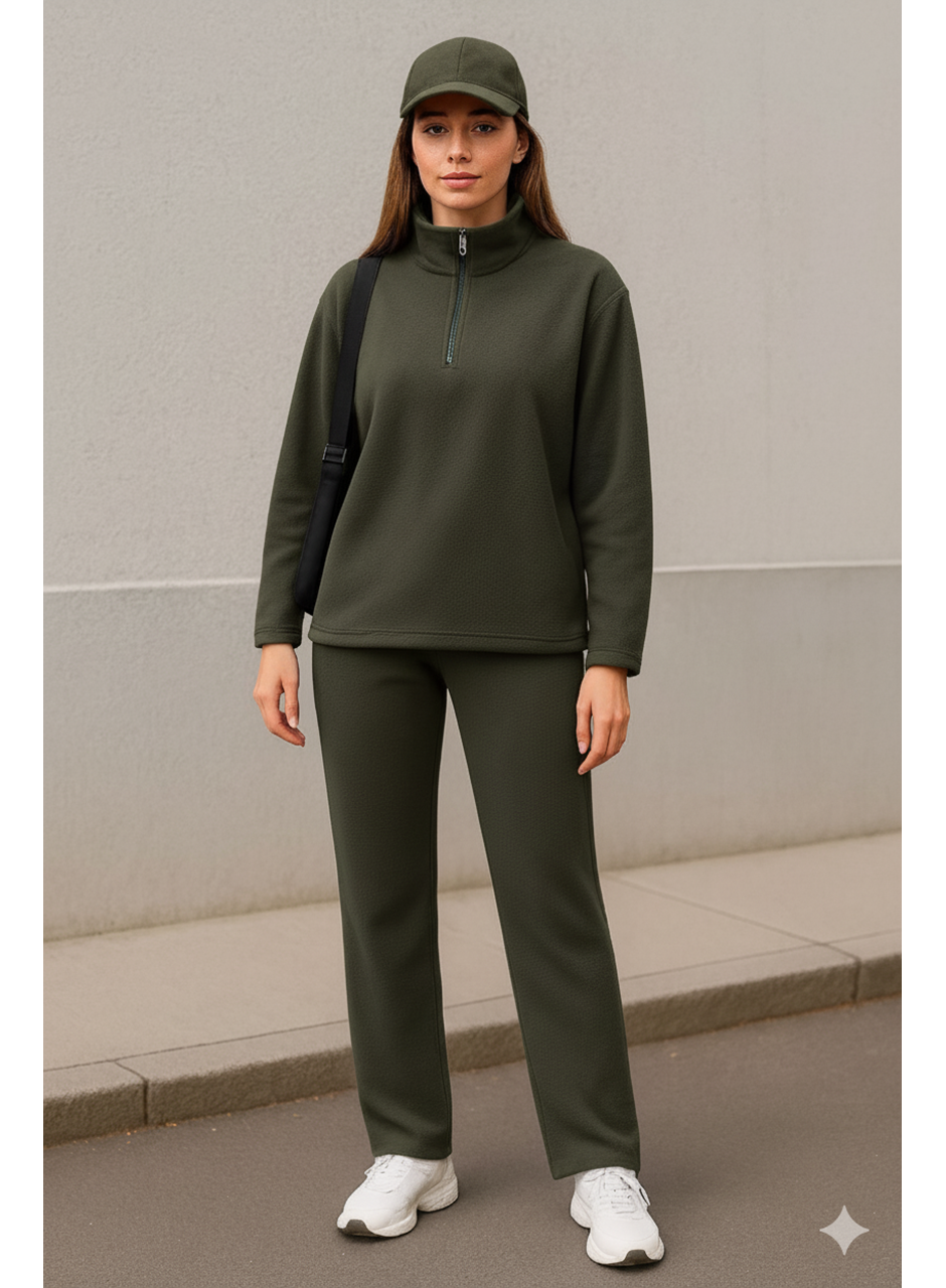 Kadın Balıkçı Yaka Fermuar Detay Polar Sweat Ve Pantolon Ikili Takım