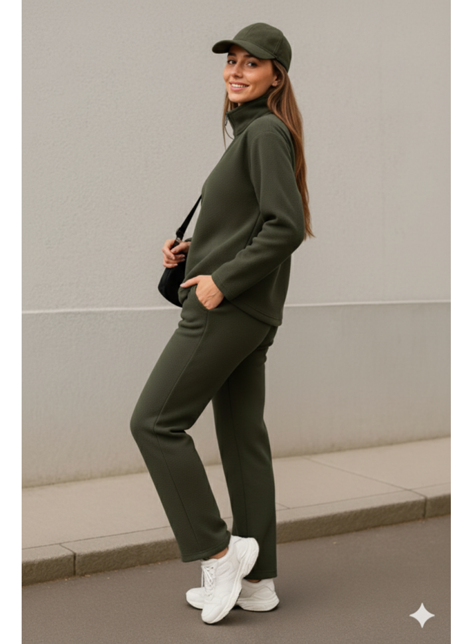 Kadın Balıkçı Yaka Fermuar Detay Polar Sweat Ve Pantolon Ikili Takım