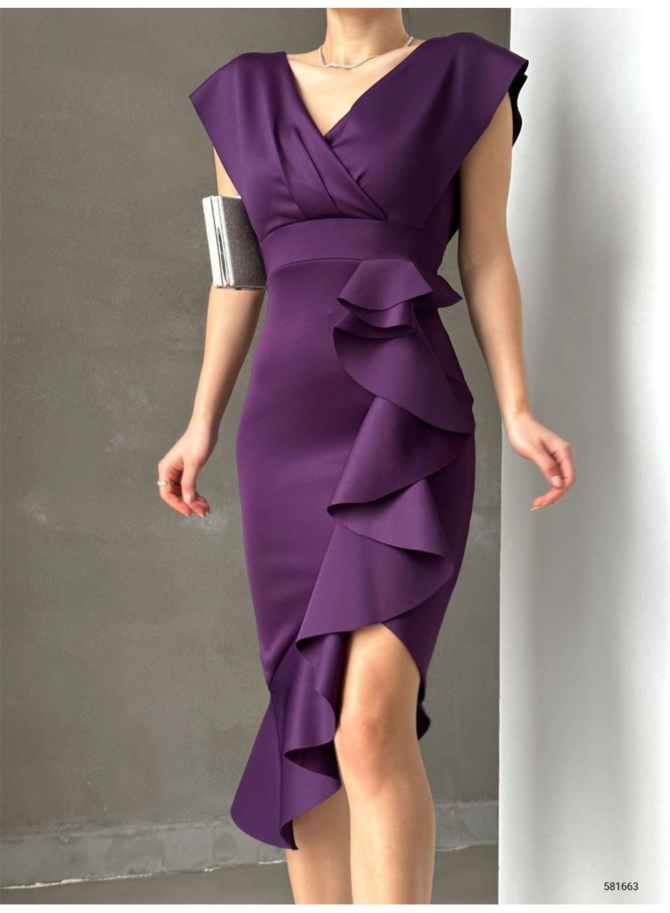 Scuba Kumaş Önü Fırfırlı Midi Boy Elbise