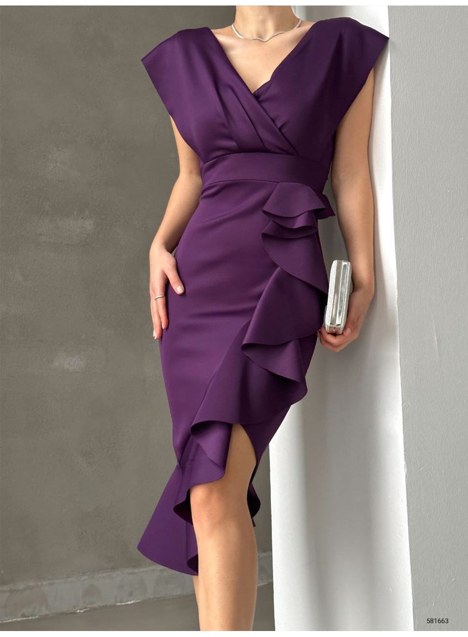 Scuba Kumaş Önü Fırfırlı Midi Boy Elbise